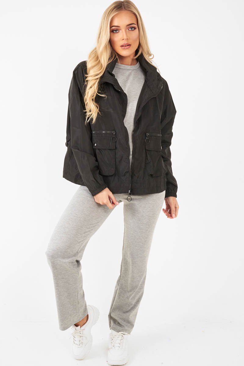 Black Ring Pull Zip Front Windbreaker Jacket - Tesla-Jackets