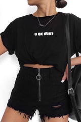 Black Ring Zip Front Distressed Denim Shorts - Kamea-Shorts