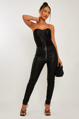 Black Ring Zip Front Faux Leather Leggings - Rafaela-Leggings