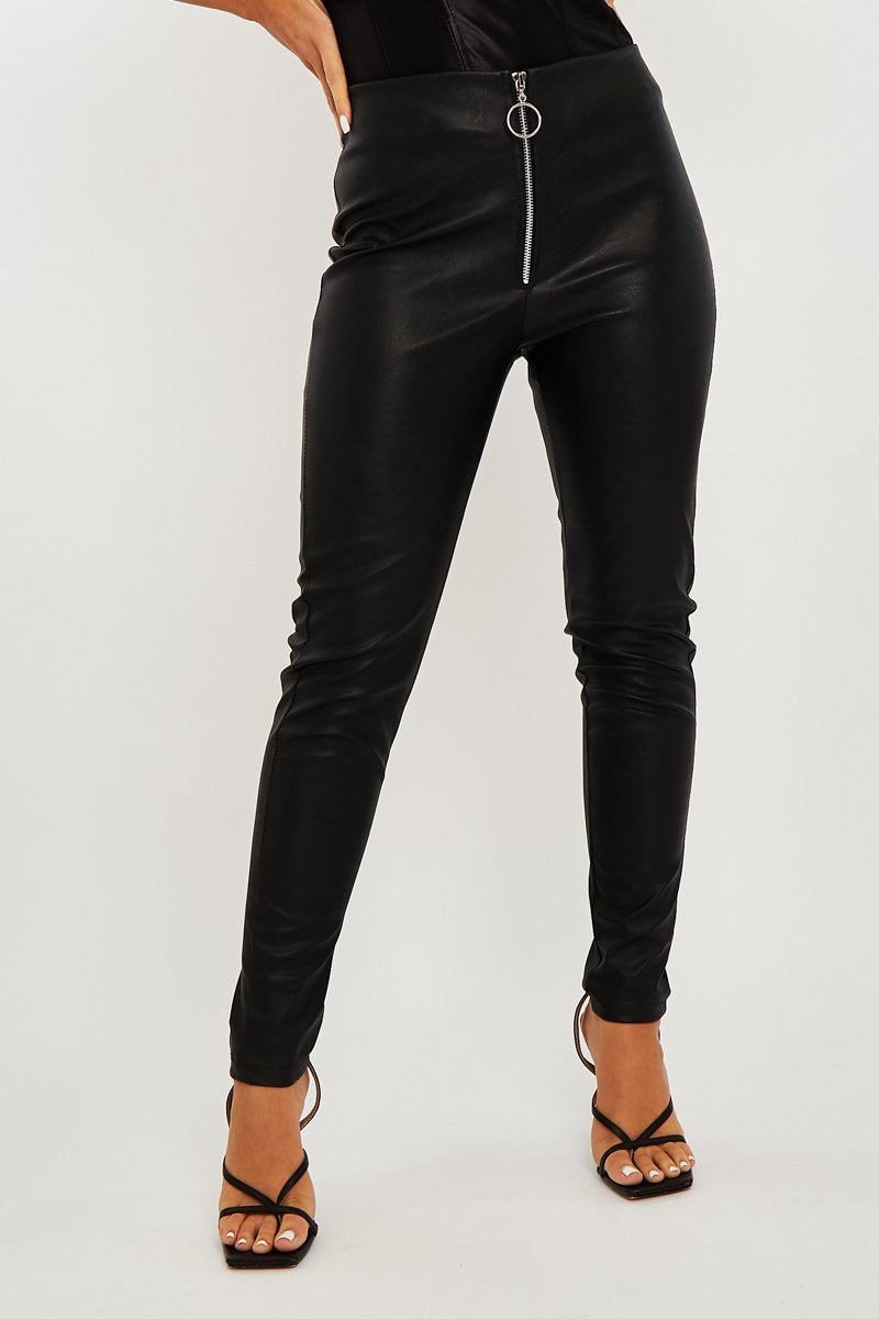 Black Ring Zip Front Faux Leather Leggings - Rafaela – Rebellious Fashion
