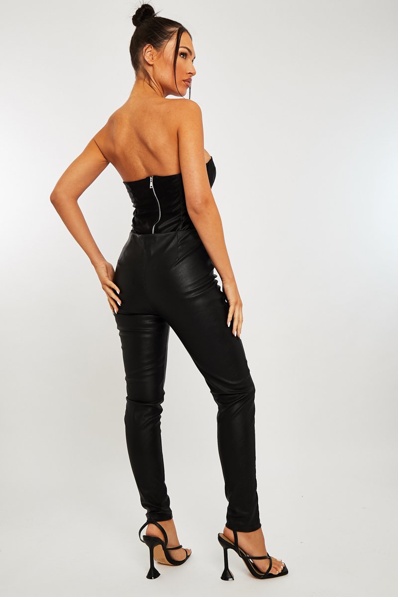 Black Ring Zip Front Faux Leather Leggings - Rafaela-Leggings
