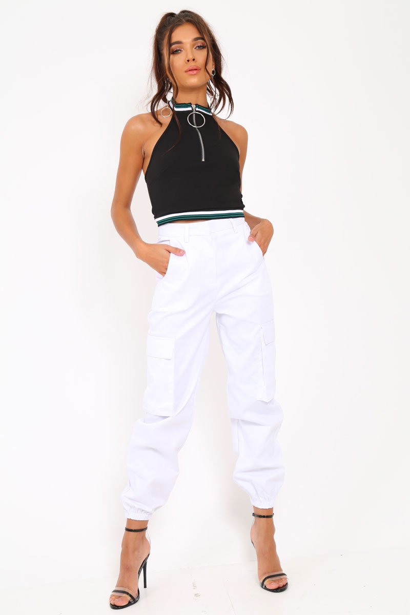 Black Ring Zip Front Halterneck Crop Top - Wessie-Tops