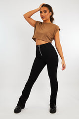 Black Ring Zip Front Split Side Crepe Trousers - Ashton-Trousers