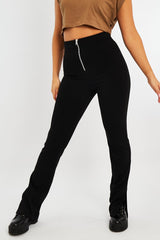 Black Ring Zip Front Split Side Crepe Trousers - Ashton-Trousers