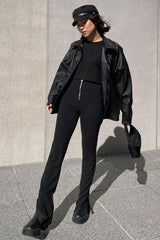 Black Ring Zip Front Split Side Crepe Trousers - Ashton-Trousers