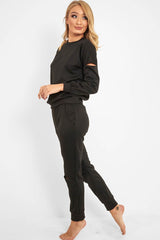 Black Ripped Knee Cut Out Loungewear Set - Demmi-Loungewear