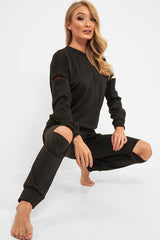 Black Ripped Knee Cut Out Loungewear Set - Demmi-Loungewear