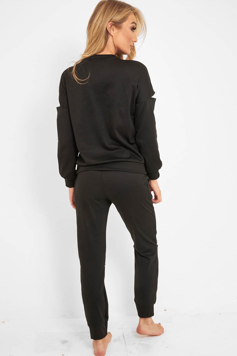 Black Ripped Knee Cut Out Loungewear Set - Demmi-Loungewear