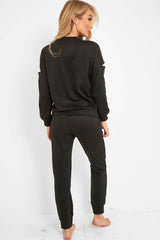 Black Ripped Knee Cut Out Loungewear Set - Demmi-Loungewear
