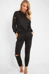 Black Ripped Knee Cut Out Loungewear Set - Demmi-Loungewear