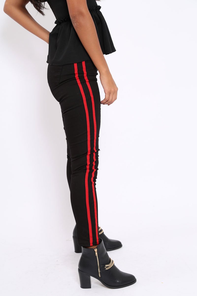 Black Ripped Knee Red Stripe Skinny Jeans - Lucia-Jeans