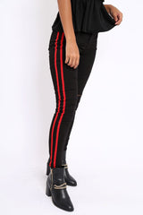 Black Ripped Knee Red Stripe Skinny Jeans - Lucia-Jeans