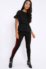 Black Ripped Knee Red Stripe Skinny Jeans - Lucia-Jeans