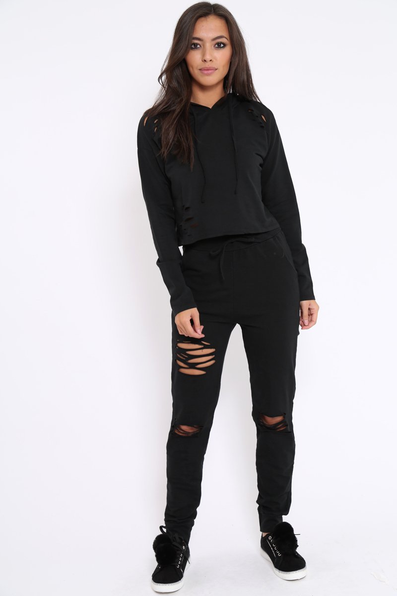 Black Ripped Loungewear Set - Natalia-Loungewear