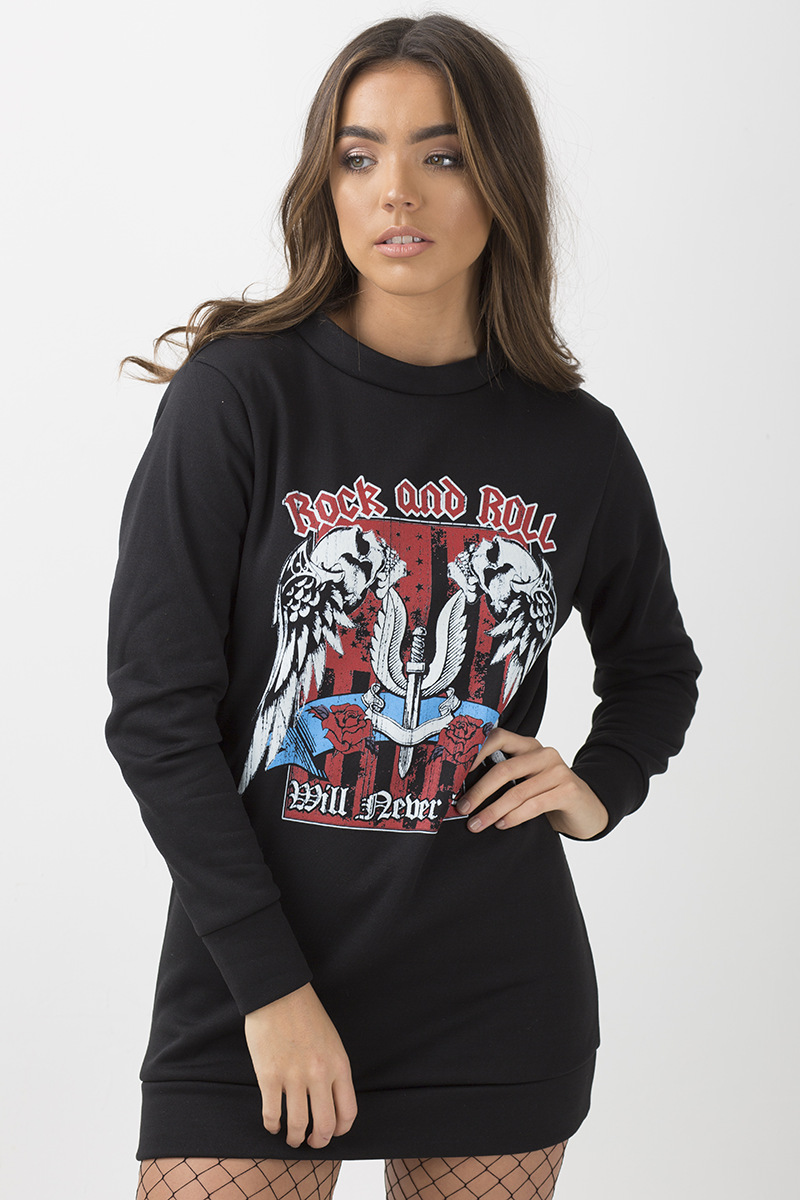 Black 'Rock And Roll' Graphic Print Jumper Dress - Lottie-Jumper