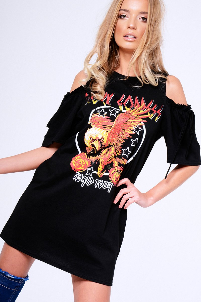 Black 'Rock Goddess' Graphic Cold Shoulder T-Shirt Dress - Penelope-Dresses