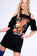 Black 'Rock Goddess' Graphic Cold Shoulder T-Shirt Dress - Penelope-Dresses
