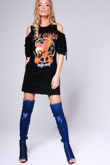 Black 'Rock Goddess' Graphic Cold Shoulder T-Shirt Dress - Penelope-Dresses