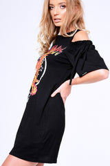 Black 'Rock Goddess' Graphic Cold Shoulder T-Shirt Dress - Penelope-Dresses