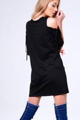 Black 'Rock Goddess' Graphic Cold Shoulder T-Shirt Dress - Penelope-Dresses