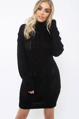 Black Roll Neck Cable Knit Jumper Dress - Dawn-Dresses