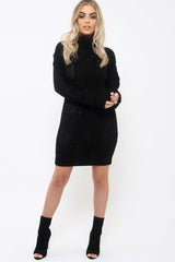 Black Roll Neck Cable Knit Jumper Dress - Dawn-Dresses