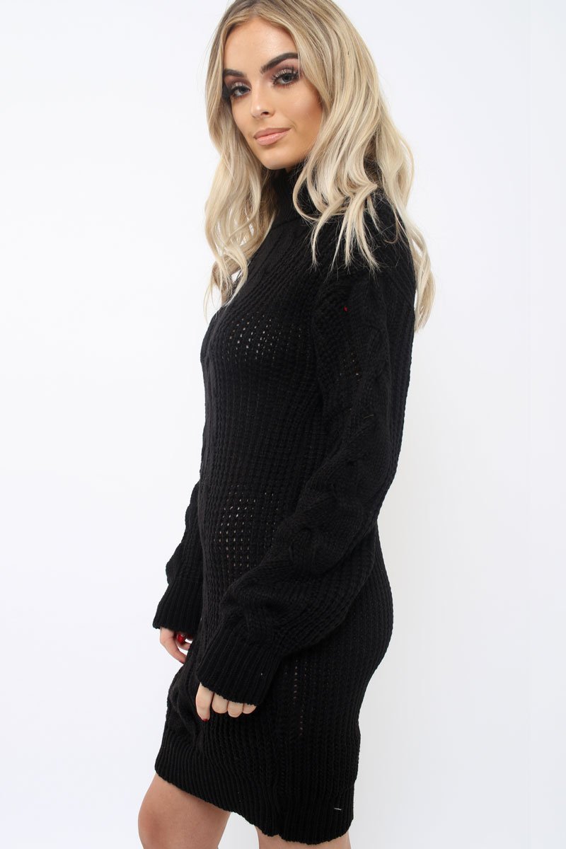 Black Roll Neck Cable Knit Jumper Dress - Dawn Rebellious Fashion Black Roll Neck Cable Knit Jumper Dress - Dawn Rebellious Fashion