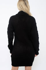 Black Roll Neck Cable Knit Jumper Dress - Dawn-Dresses