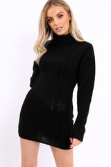 Black Roll Neck Chunky Knit Jumper Dress - Hydie-Dresses