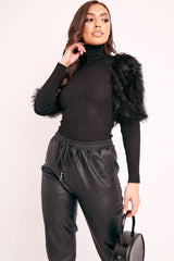 Black Roll Neck Fluffy Sleeve Ribbed Top - Kacey-Tops