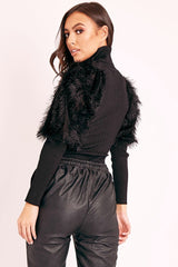 Black Roll Neck Fluffy Sleeve Ribbed Top - Kacey-Tops