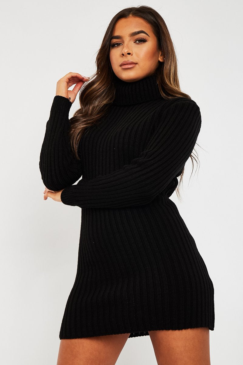 Black Roll Neck Knit Mini Dress - Franceska-Dresses