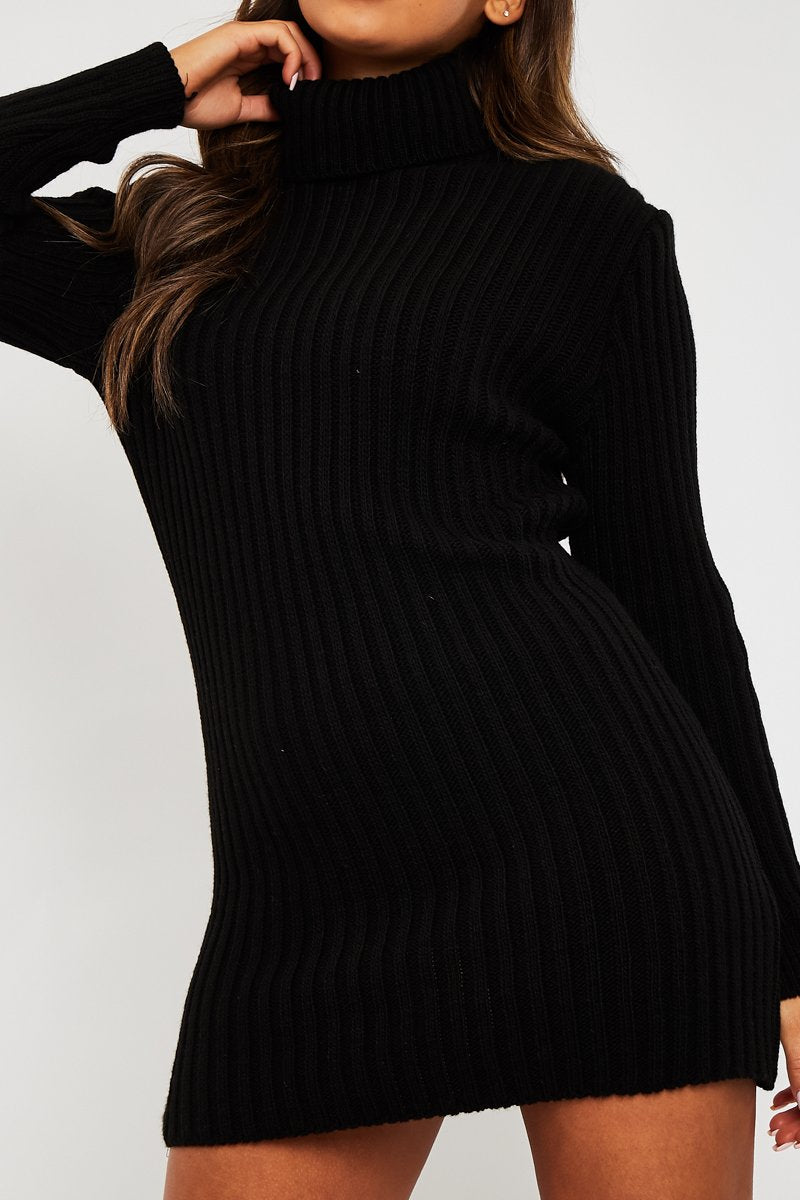 Black Roll Neck Knit Mini Dress - Franceska – Rebellious Fashion
