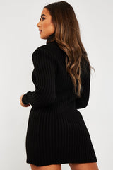 Black Roll Neck Knit Mini Dress - Franceska-Dresses