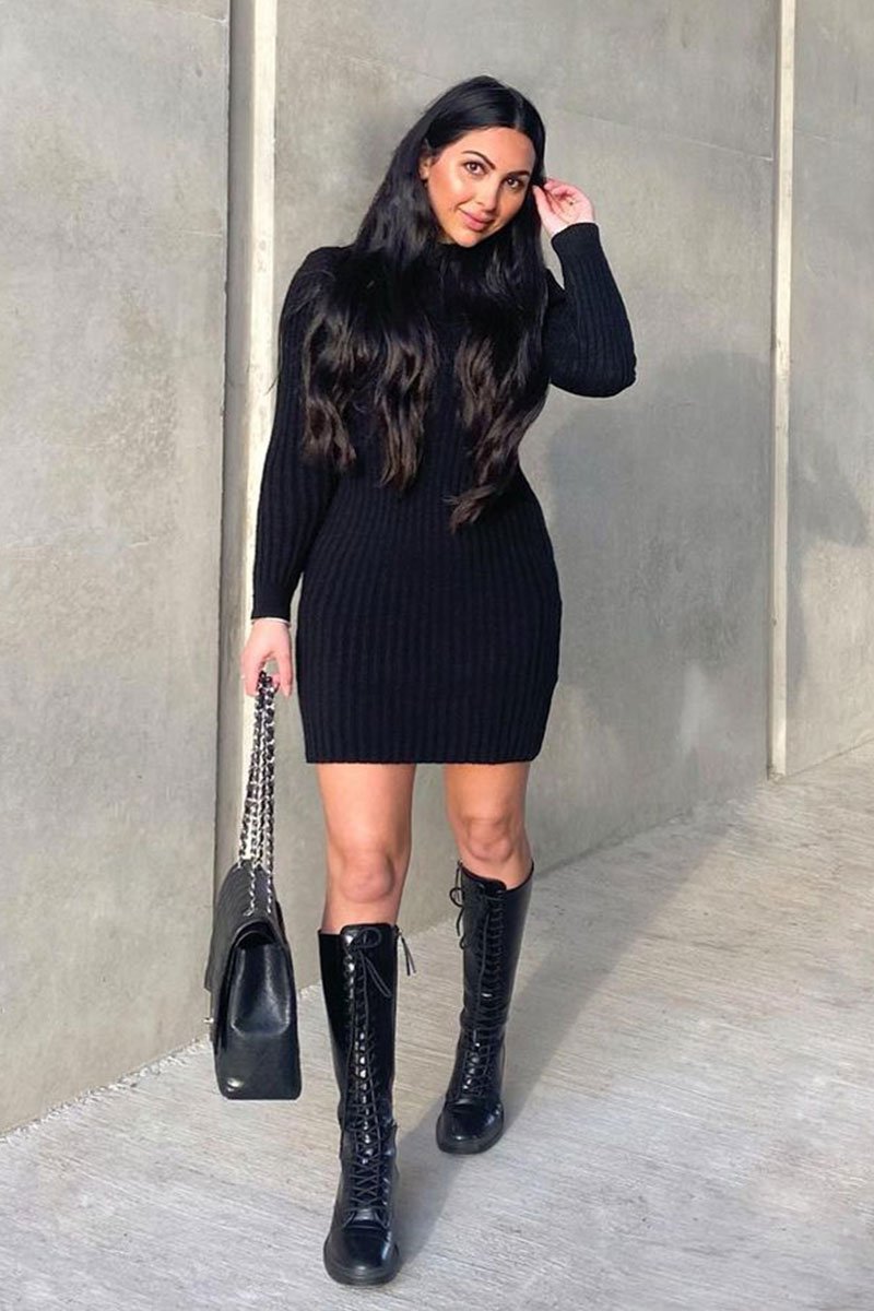 Black Roll Neck Knit Mini Dress - Franceska-Dresses