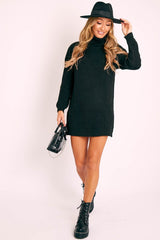 Black Roll Neck Mini Jumper Dress - Dariyana-Dresses