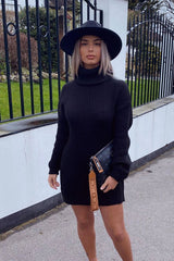 Black Roll Neck Mini Jumper Dress - Dariyana-Dresses