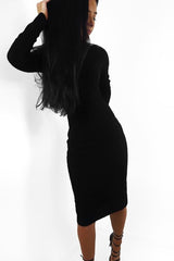 Black Roll Neck Rib Midi Jumper Dress - Giana-Dresses