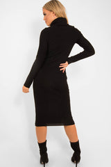 Black Roll Neck Rib Midi Jumper Dress - Giana-Dresses