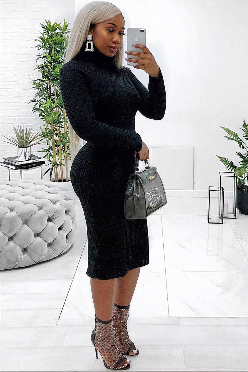 Black Roll Neck Rib Midi Jumper Dress - Giana-Dresses