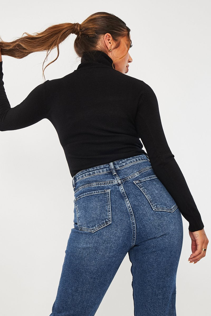 Black Roll Neck Slim Fit Knitted Jumper - Georgie-Jumper
