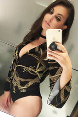 Black Rope Print Plunge Bodysuit - Jani-Bodysuits