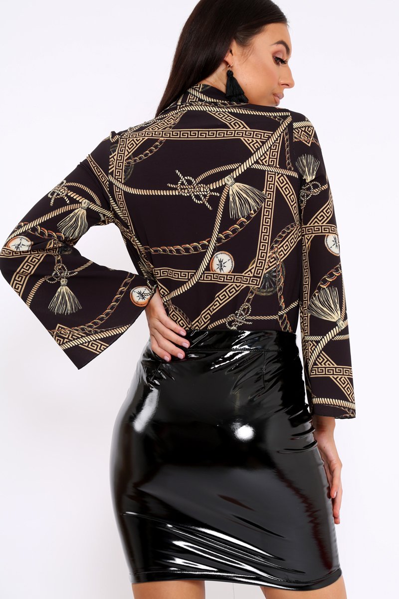 Black Rope Print Plunge Bodysuit - Jani-Bodysuits