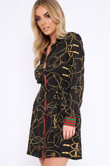 Black Rope Print Shirt Dress with Red and Green Trim - Allena-Dresses