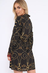 Black Rope Print Shirt Dress with Red and Green Trim - Allena-Dresses