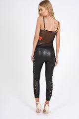 Black Rose Print Lace Trim Sheer Bodysuit - Roza-Bodysuits