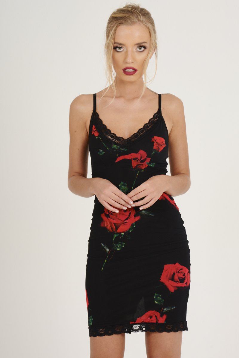 Black Rose Print Lace Trim Slip Dress - Martina-Dresses