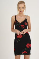 Black Rose Print Lace Trim Slip Dress - Martina-Dresses