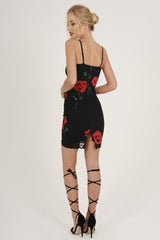 Black Rose Print Lace Trim Slip Dress - Martina-Dresses