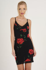 Black Rose Print Lace Trim Slip Dress - Martina-Dresses